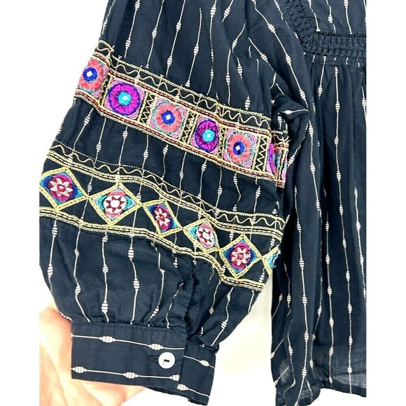 Ultra Pink Women L Top Black Gold Embroider Puff Sleeve Tassel Boho Festival N1 - Picture 9 of 12